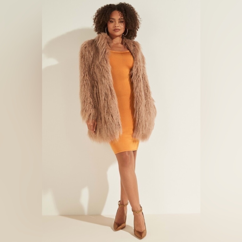 NWT GUESS Maurizia Faux Fur Coat/ LIGHT RUM